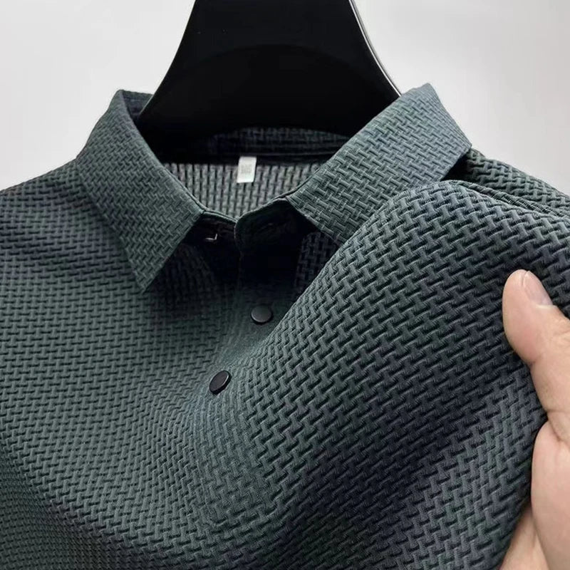 Men's Textured Knit Short Sleeve Polo Shirt – Breathable Summer Casual Contrast Collar Knitwear Top