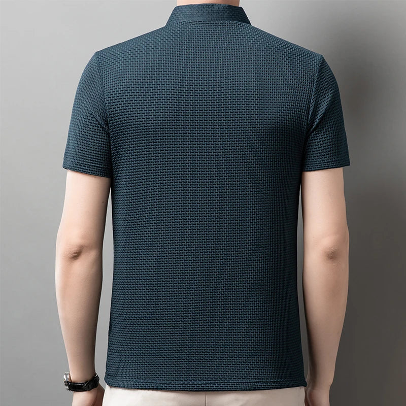Men's Textured Knit Short Sleeve Polo Shirt – Breathable Summer Casual Contrast Collar Knitwear Top