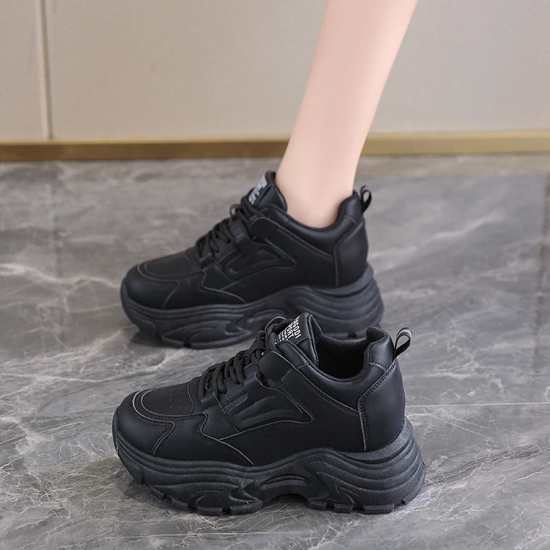 Platform Lace-Up Sneakers – White & Black