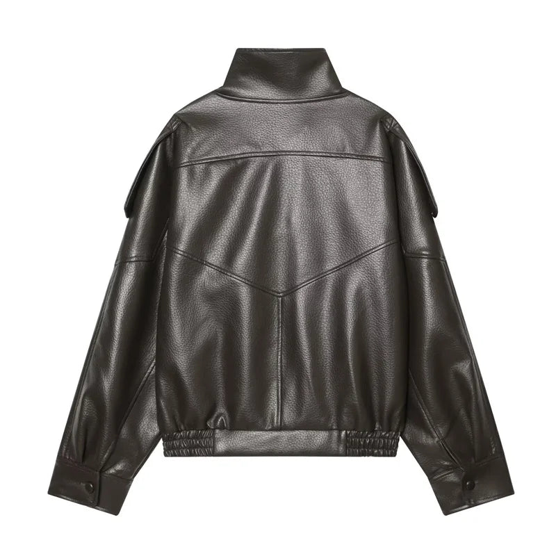 Oversized Vegan Leather Stand-Collar Jacket