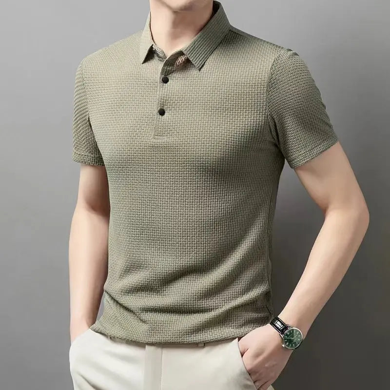 Men's Textured Knit Short Sleeve Polo Shirt – Breathable Summer Casual Contrast Collar Knitwear Top