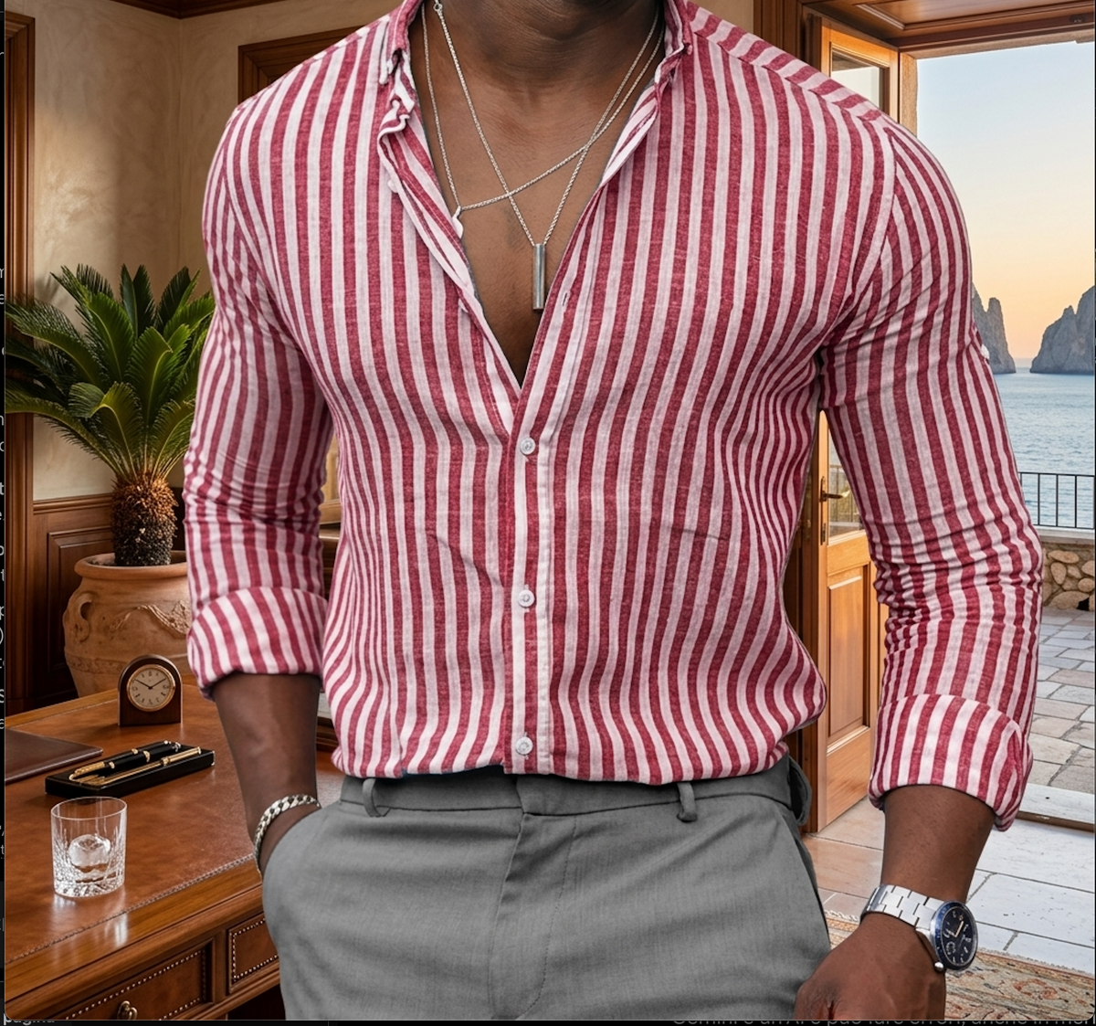 Men's Vertical Striped Long Sleeve Button-Down Shirt – Casual Regular Fit Turn-Down Collar Broadcloth Dress Shirt Year-Round Top
