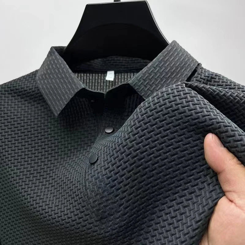 Men's Textured Knit Short Sleeve Polo Shirt – Breathable Summer Casual Contrast Collar Knitwear Top