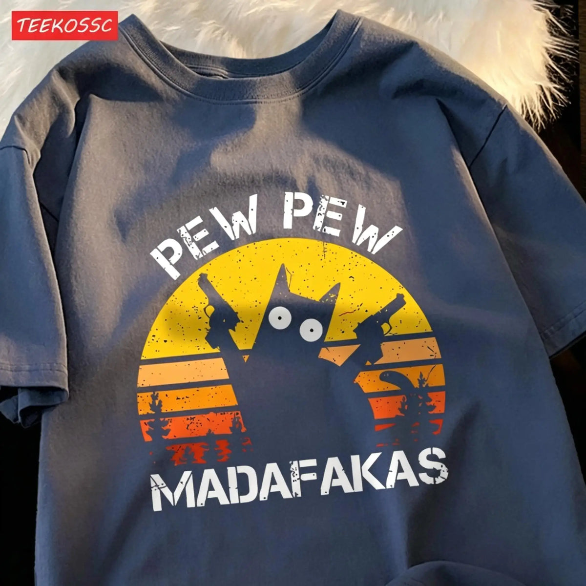 Pew Pew Madafakas Retro Cat Graphic Tee
