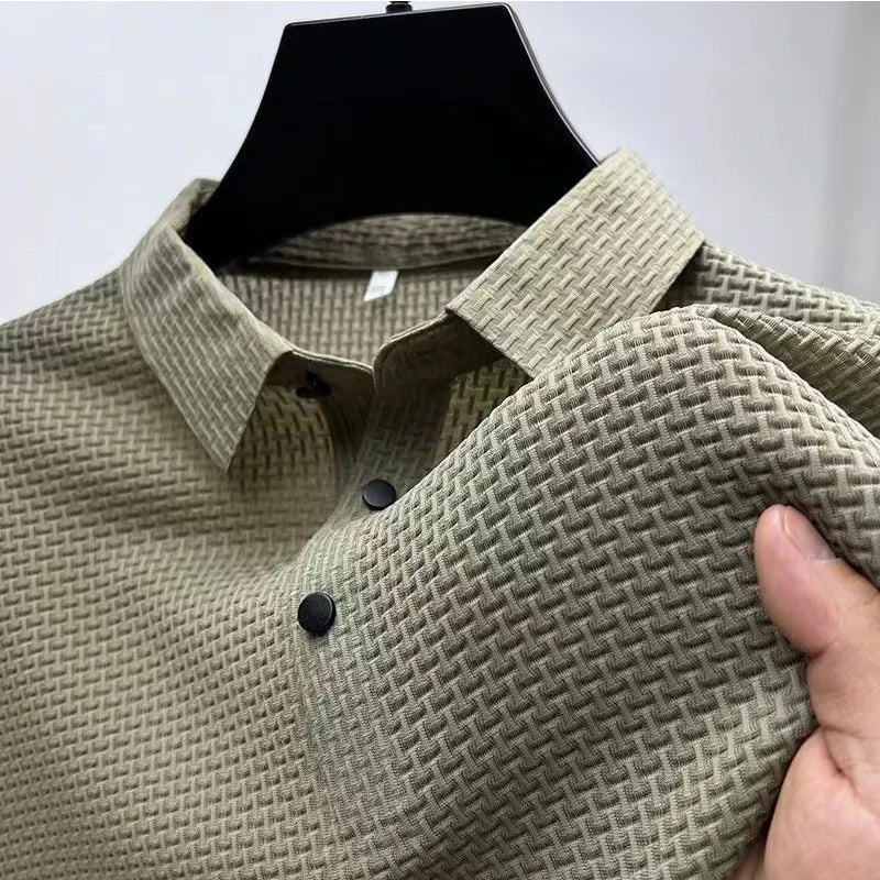 Men's Textured Knit Short Sleeve Polo Shirt – Breathable Summer Casual Contrast Collar Knitwear Top