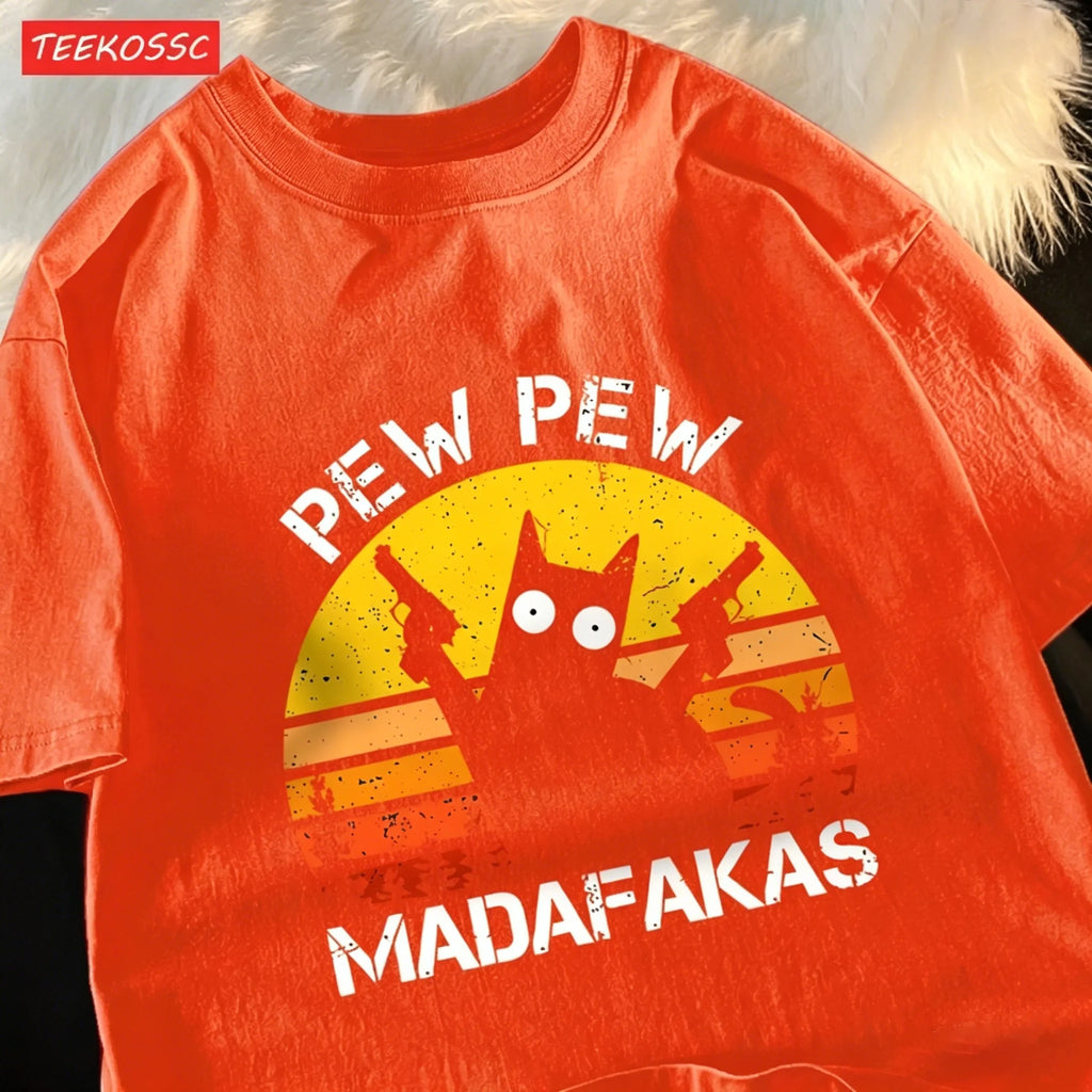 Pew Pew Madafakas Retro Cat Graphic Tee