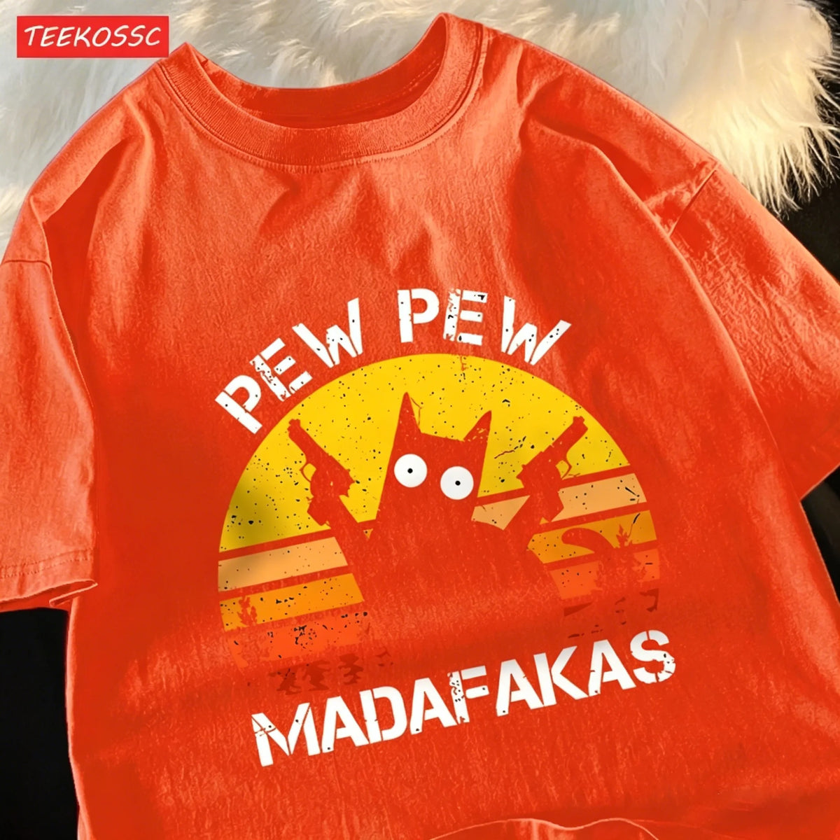 Pew Pew Madafakas Retro Cat Graphic Tee