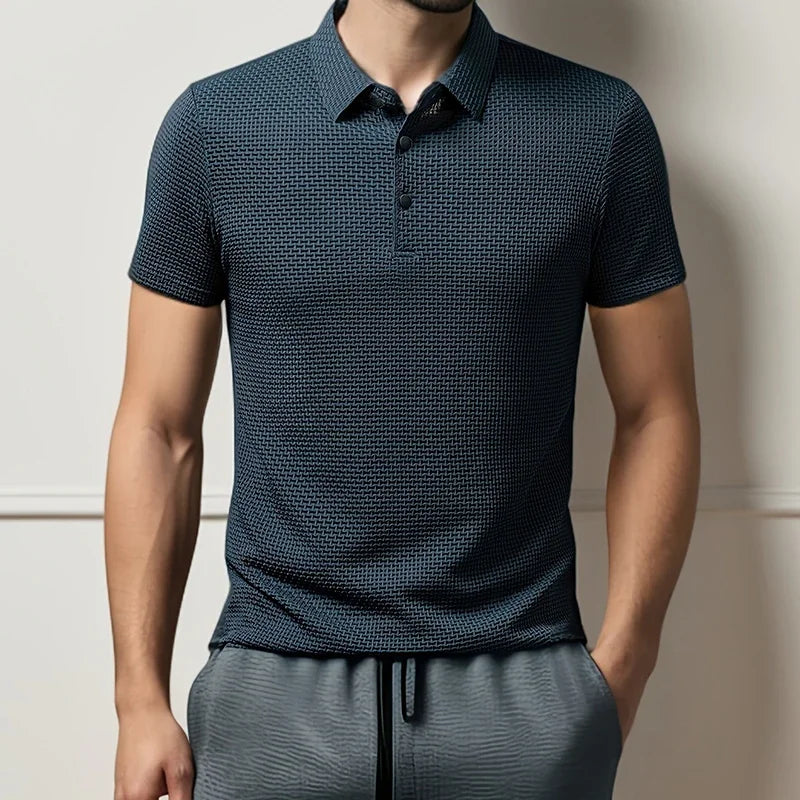 Men's Textured Knit Short Sleeve Polo Shirt – Breathable Summer Casual Contrast Collar Knitwear Top