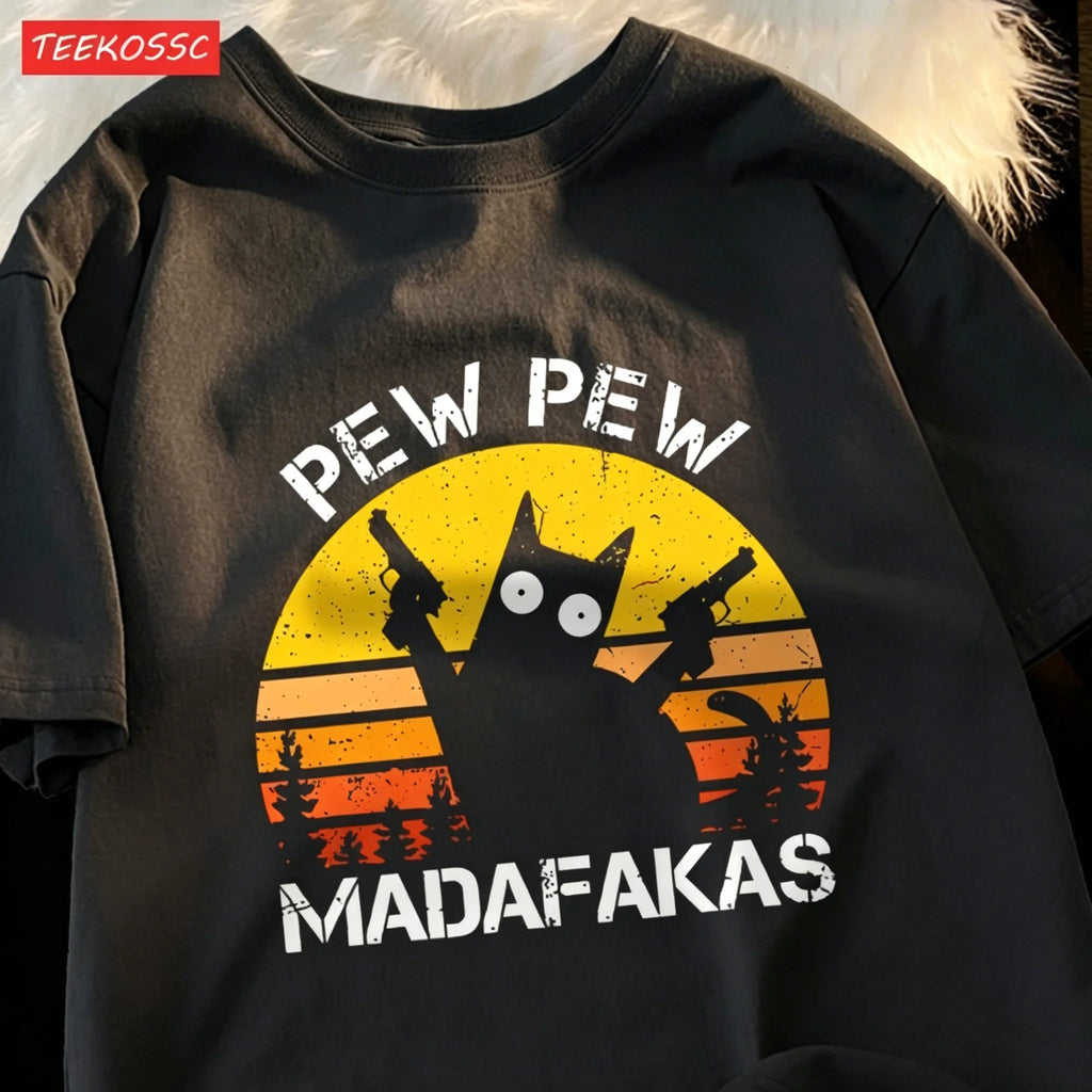 Pew Pew Madafakas Retro Cat Graphic Tee