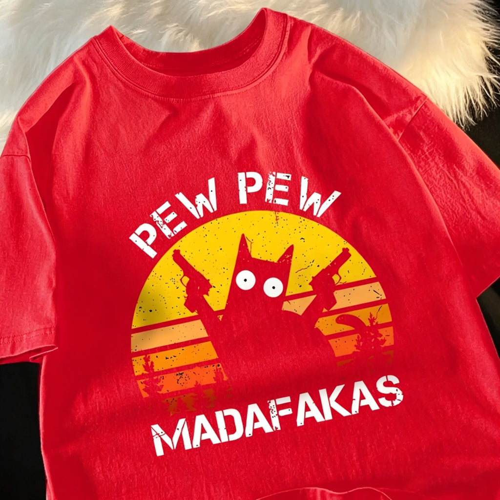 Pew Pew Madafakas Retro Cat Graphic Tee