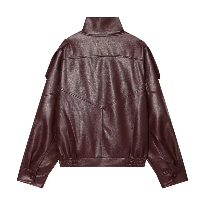 Oversized Vegan Leather Stand-Collar Jacket