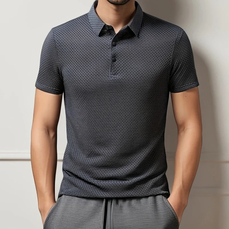Men's Textured Knit Short Sleeve Polo Shirt – Breathable Summer Casual Contrast Collar Knitwear Top