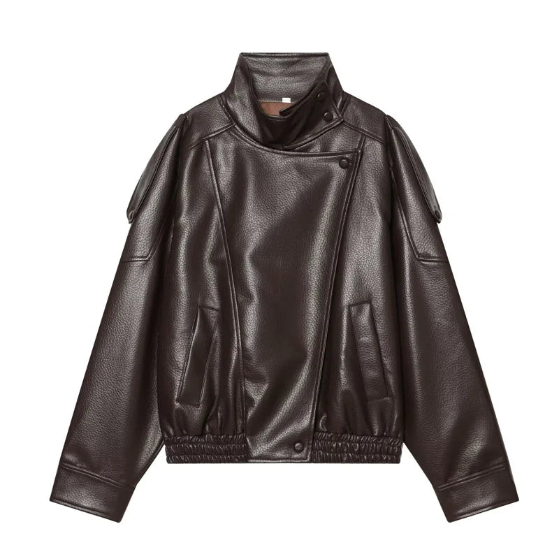 Oversized Vegan Leather Stand-Collar Jacket