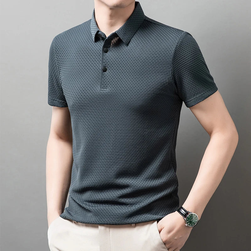 Men's Textured Knit Short Sleeve Polo Shirt – Breathable Summer Casual Contrast Collar Knitwear Top