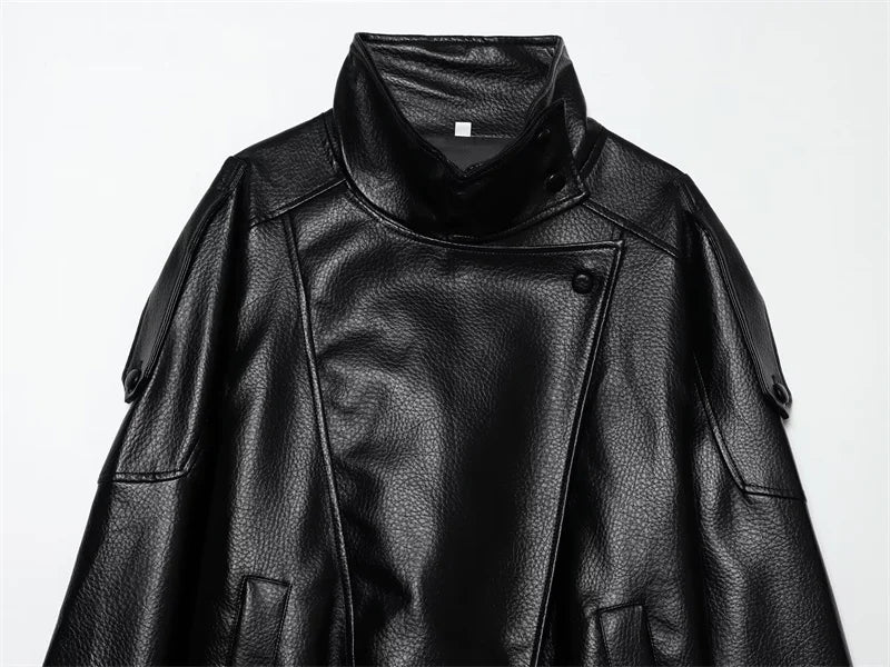 Oversized Vegan Leather Stand-Collar Jacket