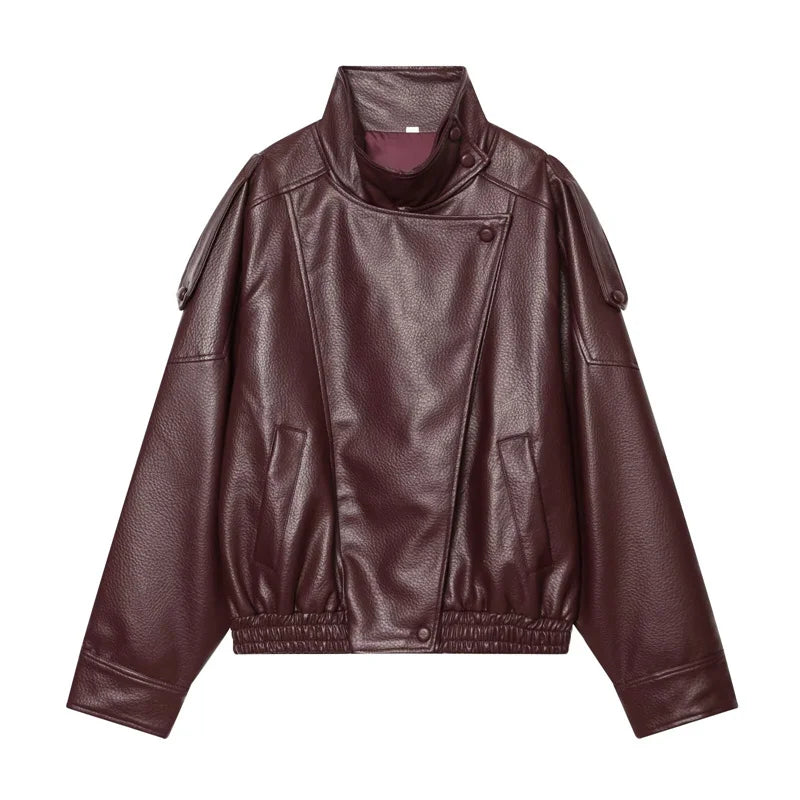 Oversized Vegan Leather Stand-Collar Jacket