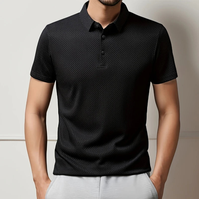 Men's Textured Knit Short Sleeve Polo Shirt – Breathable Summer Casual Contrast Collar Knitwear Top